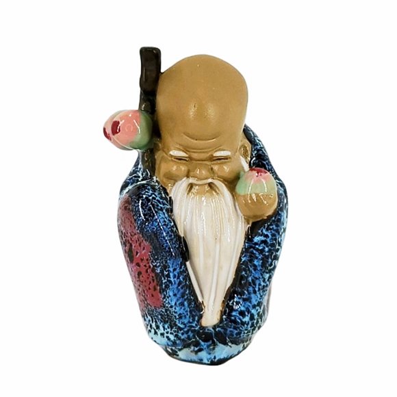 VTG Shiwan Mudman w/Staff Peach Shou Lao Longevity God Glazed Porcelain Figurine - Picture 1 of 6
